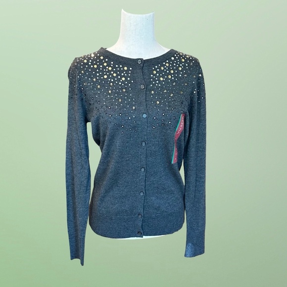 NWT Merona Women's Long Sleeve ButtonUp Cardigan Jeweled Embellished Gray M - Picture 10 of 10